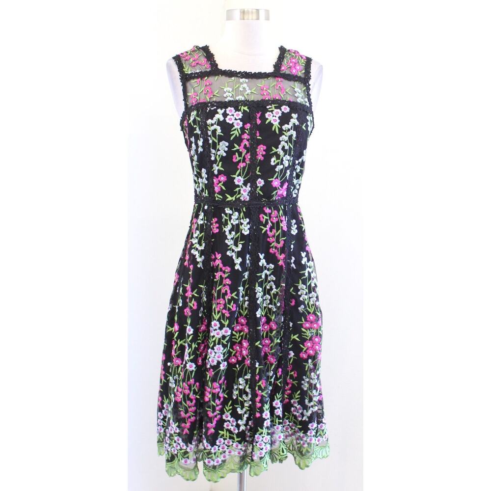 Parker Black Black Mesh Floral Embroidered A Line Dress Sz 2 Cocktail Party Pink